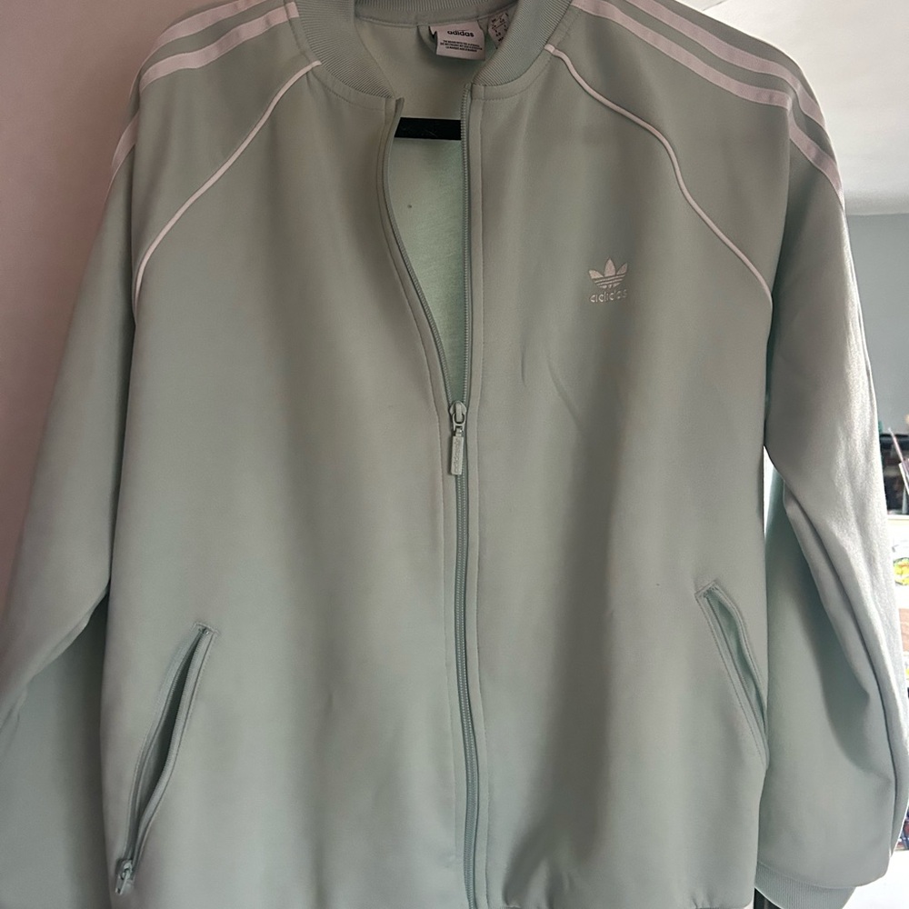 adidas Light Sage Green Track Jacket with White Stripes